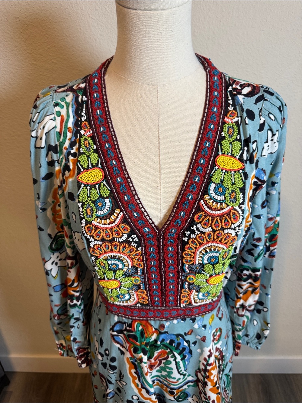 Akemi + Kin Anthropologie Beaded Boho V-Neck Mini Dress size 4 - Picture 3 of 16